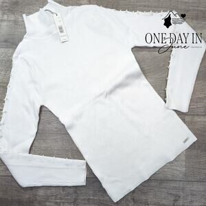 Tahari Beaded Sleeve Ribbed Long Sleeve Sweater Size L